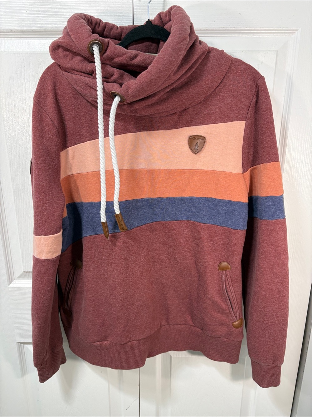 Wanakome Maroon Striped Funnel Neck Hoodie